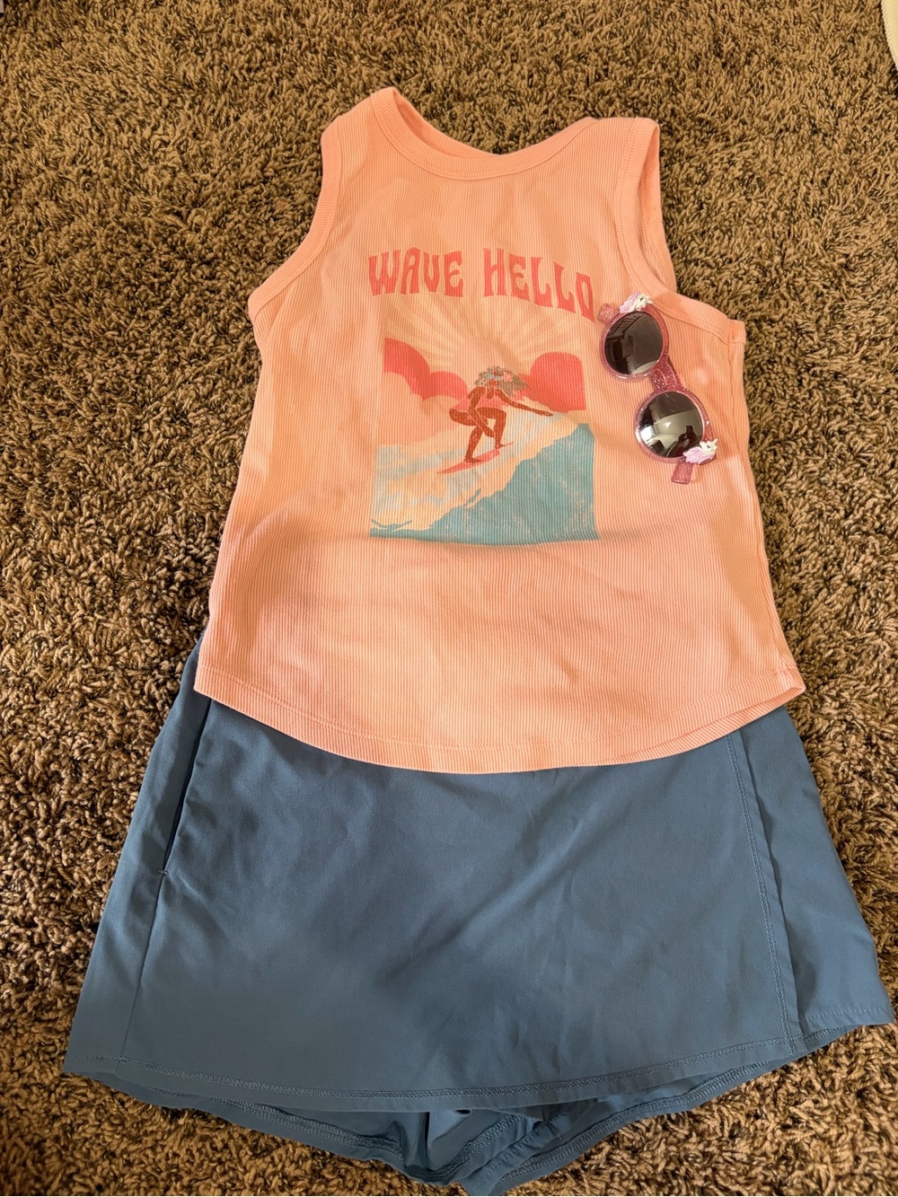 32 Degrees Peach Ribbed Tank‎ with Blue Athletic Shorts Set